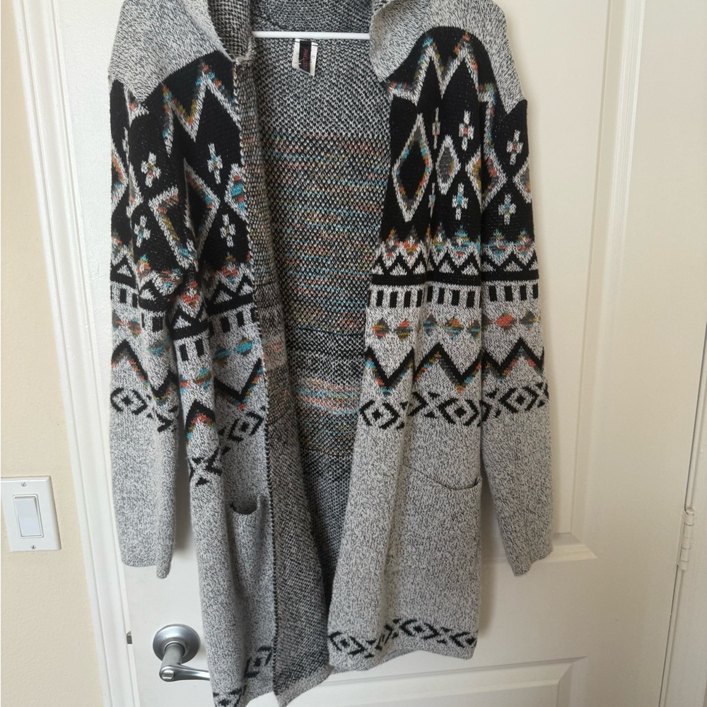 Gray and Black Nordic Pattern Cardigan Sweater